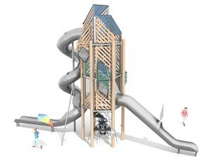 Turn din lemn de salcâm cu două tobogane și joc educativ - BGL-8351