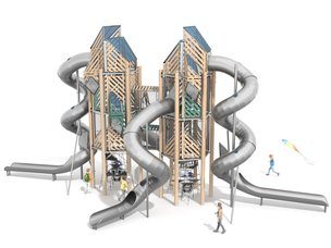 Două turnuri conectate din lemn de salcâm cu patru tobogane și joc educativ - BGL-8352