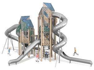 Două turnuri din lemn de salcâm cu tobogane și joc educativ pentru loc de joacă - BGL-8356
