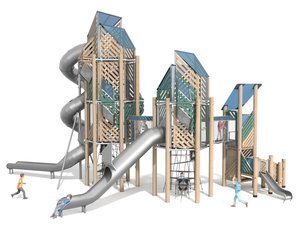 Trei turnuri din lemn de salcâm cu tobogane și joc educativ pentru loc de joacă - BGL-8357